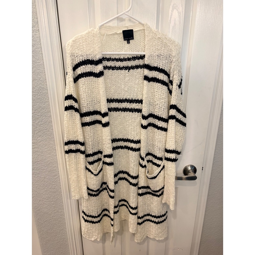 Sweet Claire Cardigan White Black Striped Open Front Popcorn Knit Longline L/XL